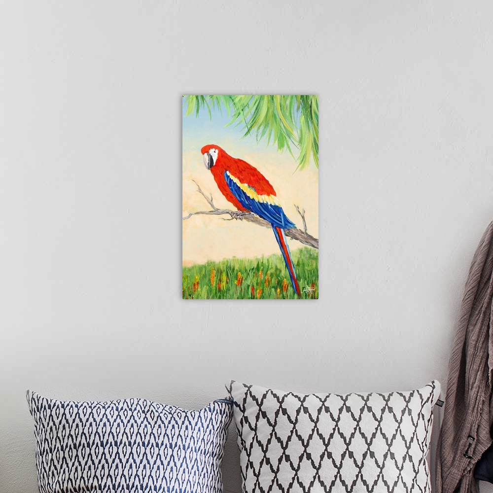 A bohemian room featuring Painting of a Scarlet Macaw on a branch in a tropical scene.