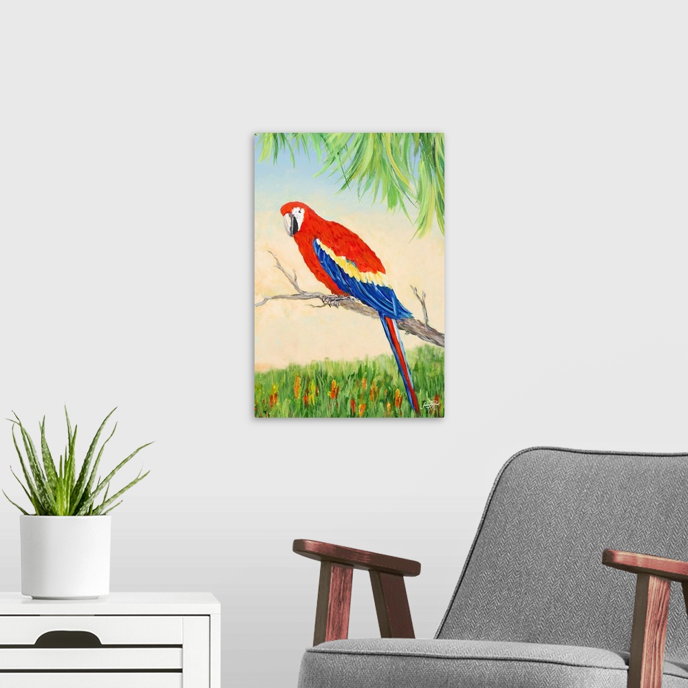 A modern room featuring Painting of a Scarlet Macaw on a branch in a tropical scene.