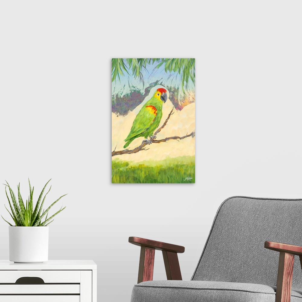 A modern room featuring Painting of a Red Lored Amazon on a branch in a tropical scene.