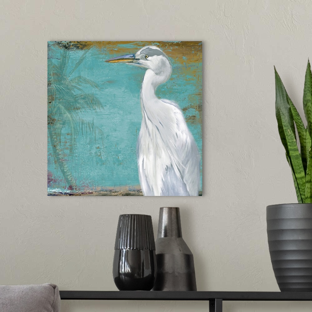 A modern room featuring Docor perfect for the home of a painted white heron peering to the left where there is a faded pa...