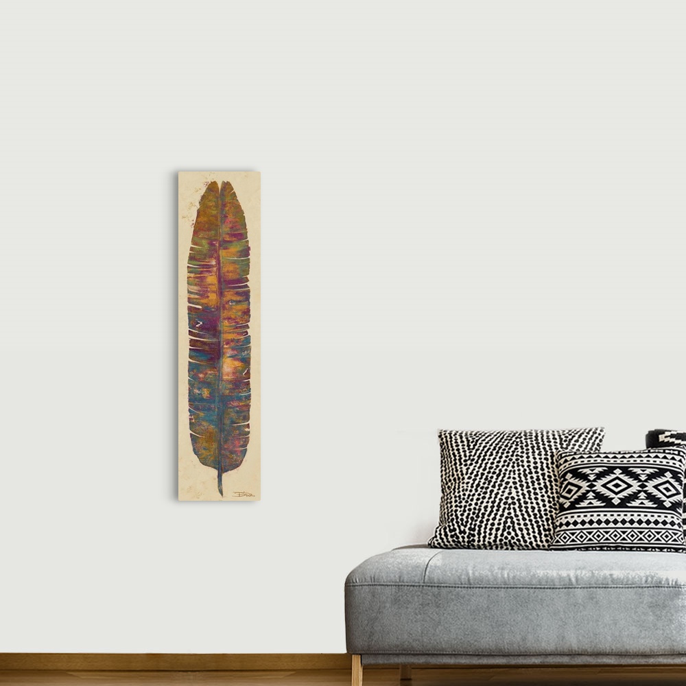 A bohemian room featuring Contemporary painting of a multi-colored tropical leaf.