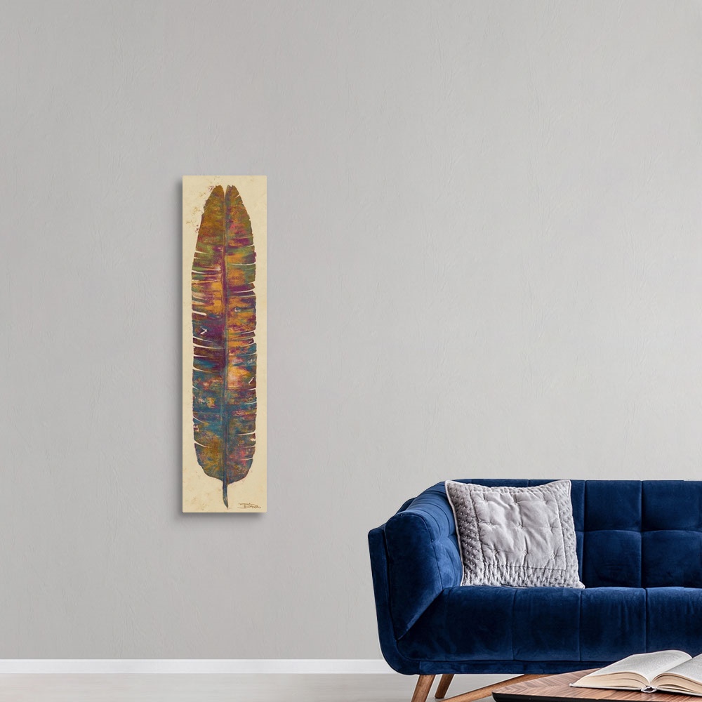 A modern room featuring Contemporary painting of a multi-colored tropical leaf.