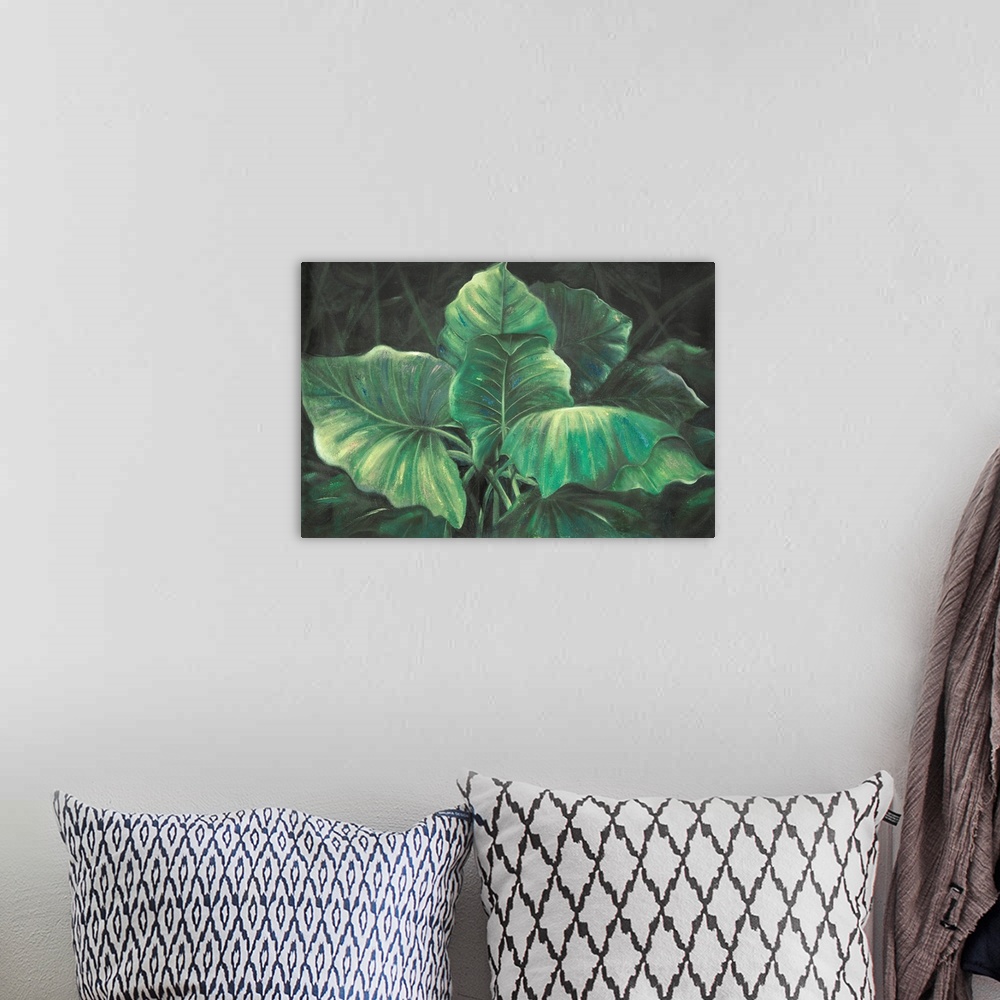 A bohemian room featuring A cool toned contemporary painting of blue-green Esmeralda leaves.