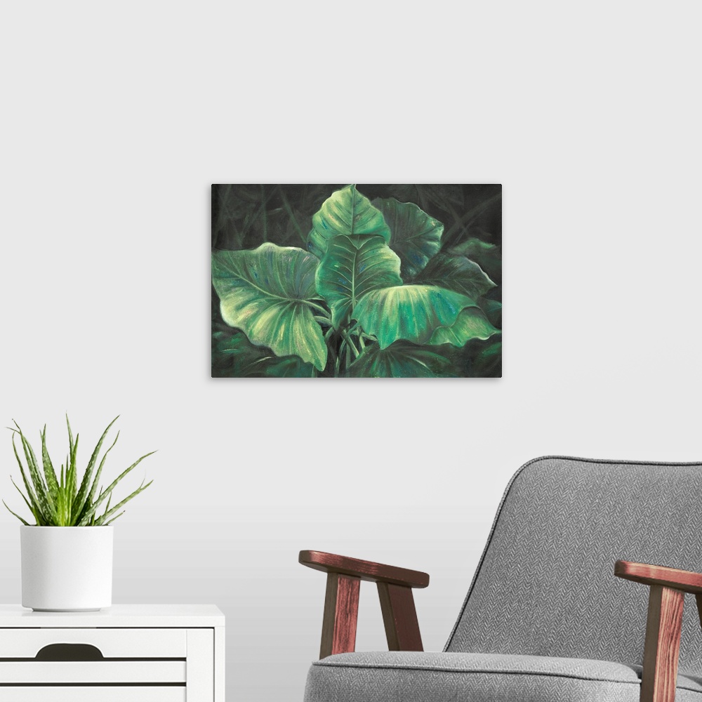 A modern room featuring A cool toned contemporary painting of blue-green Esmeralda leaves.