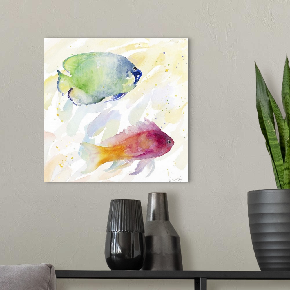 A modern room featuring Watercolor painting of colorful tropical fish.