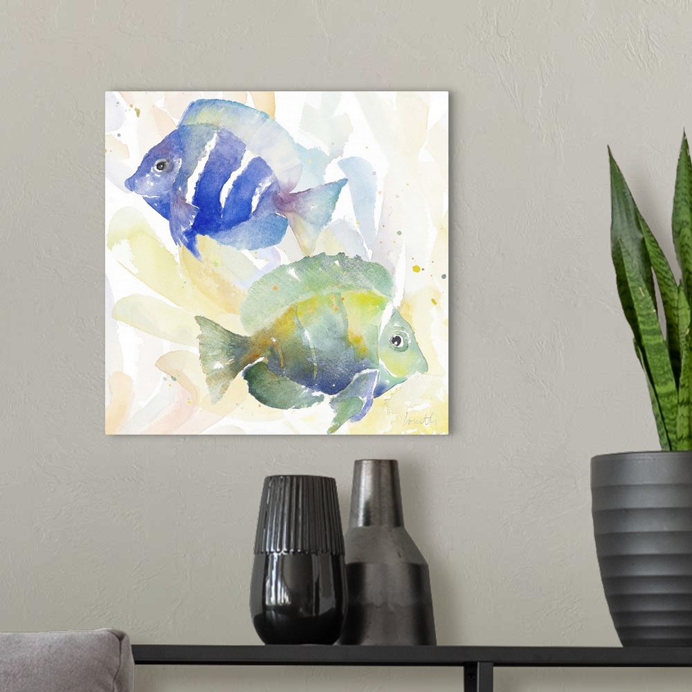 A modern room featuring Watercolor painting of colorful tropical fish.
