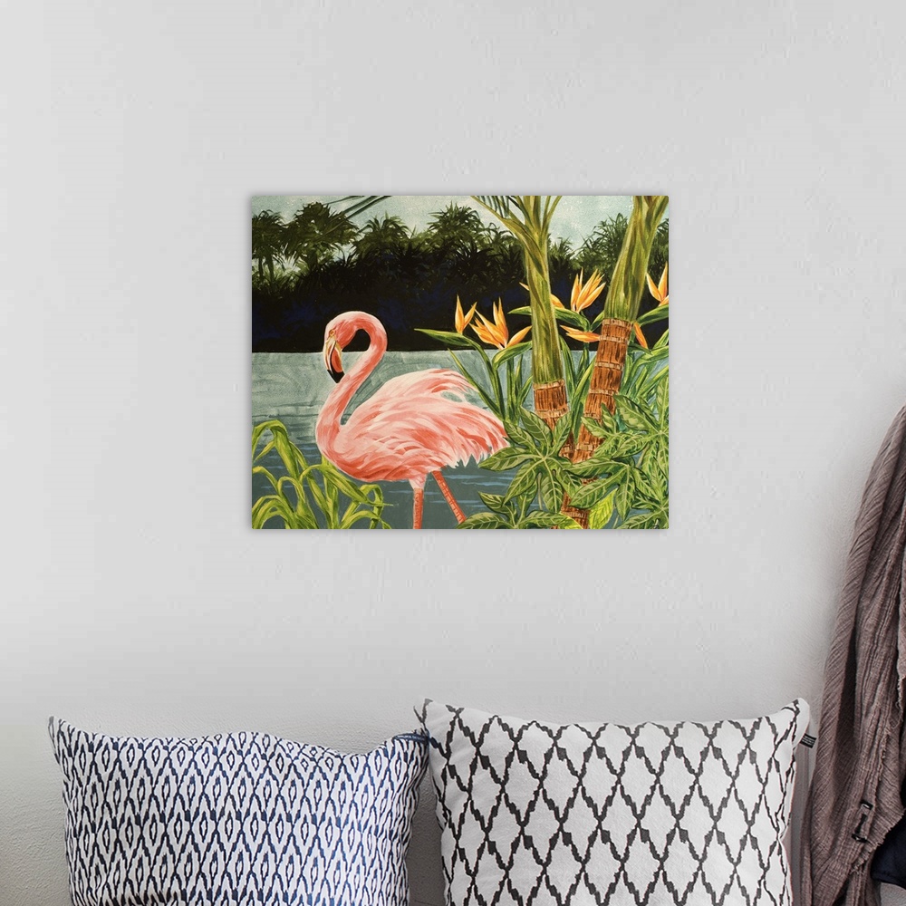 A bohemian room featuring Contemporary artwork of a flamingo among tropical plants.