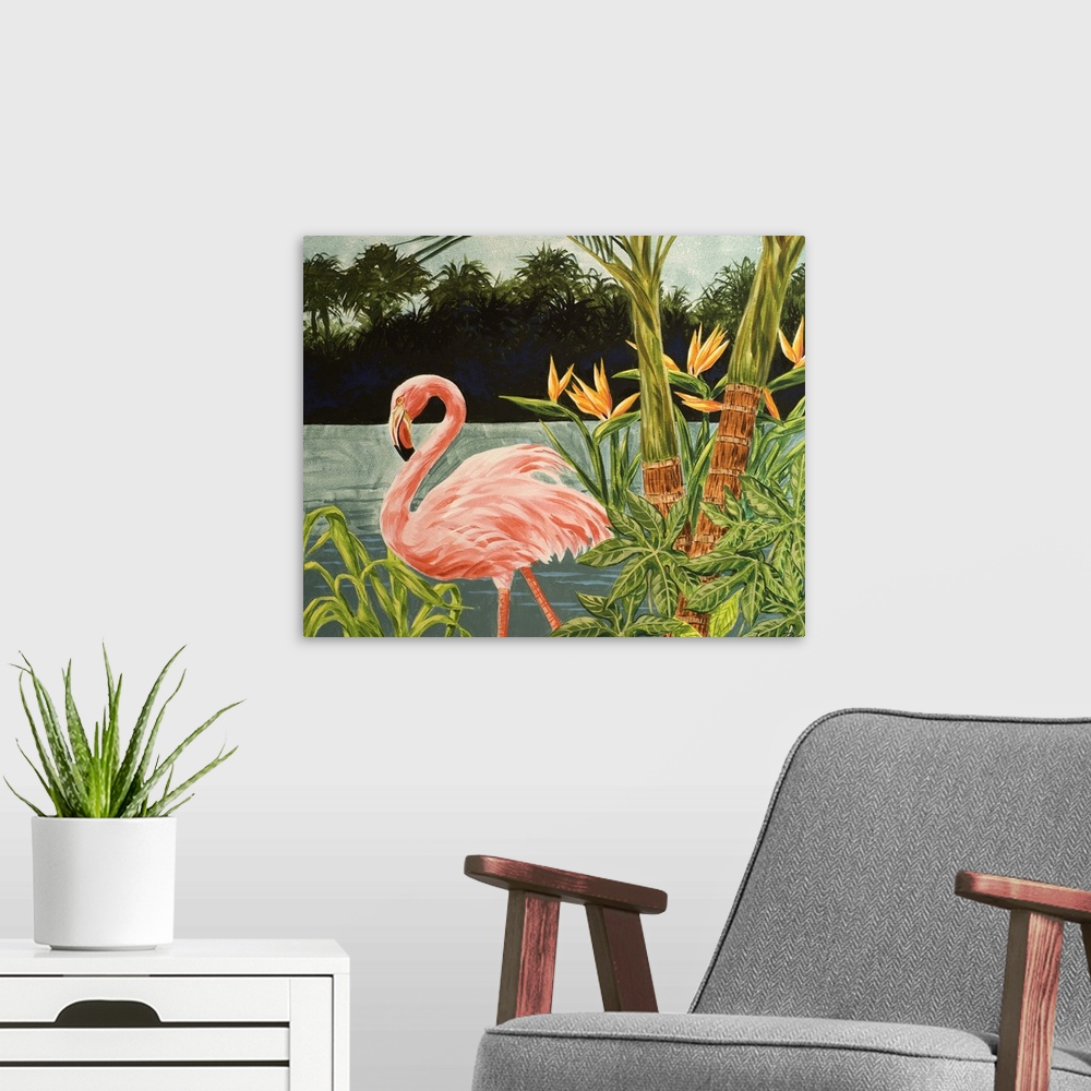 A modern room featuring Contemporary artwork of a flamingo among tropical plants.