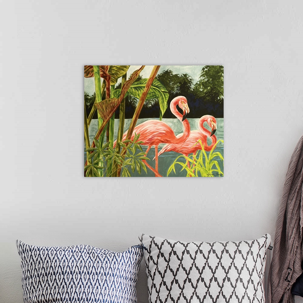 A bohemian room featuring Contemporary artwork of two flamingos among tropical plants.