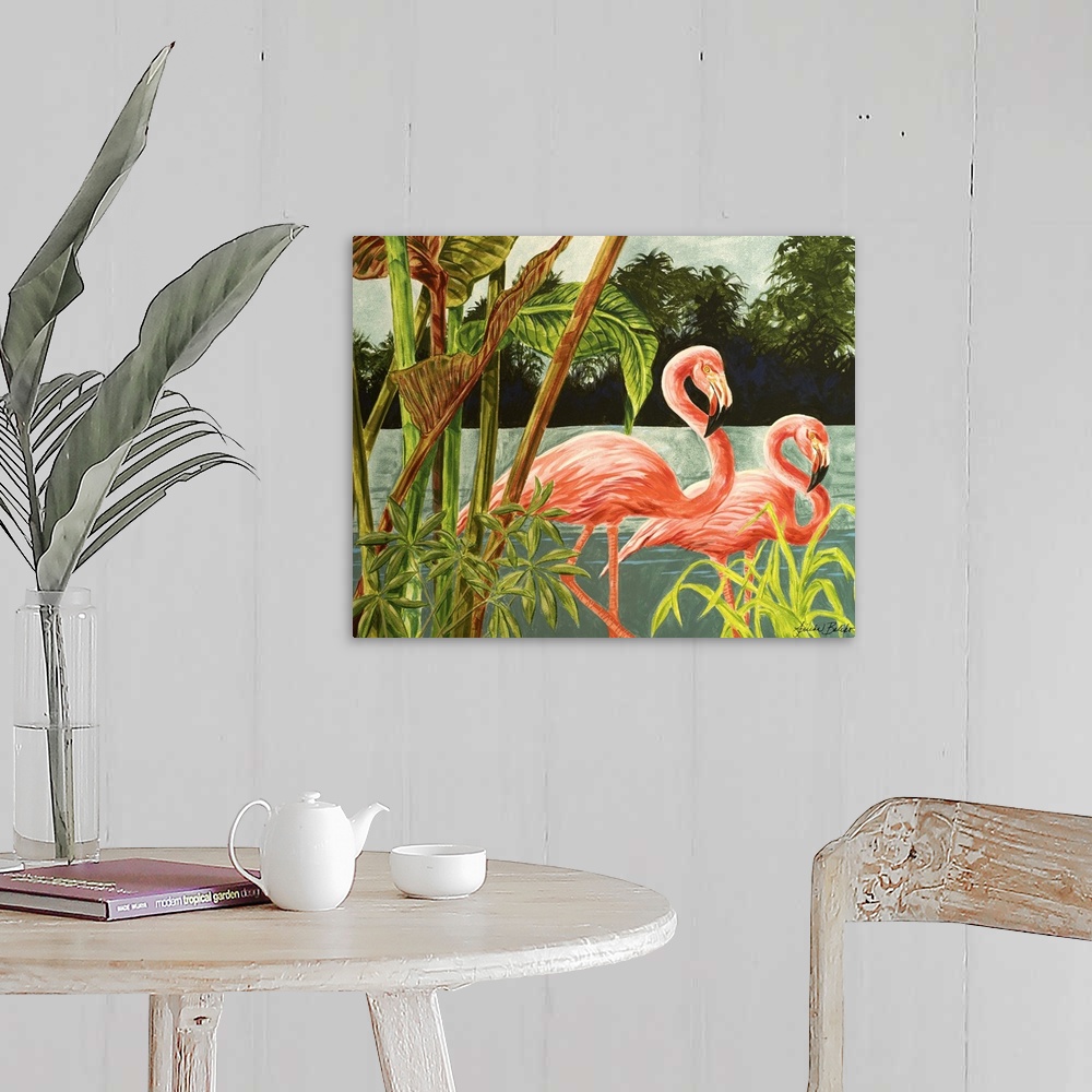A farmhouse room featuring Contemporary artwork of two flamingos among tropical plants.