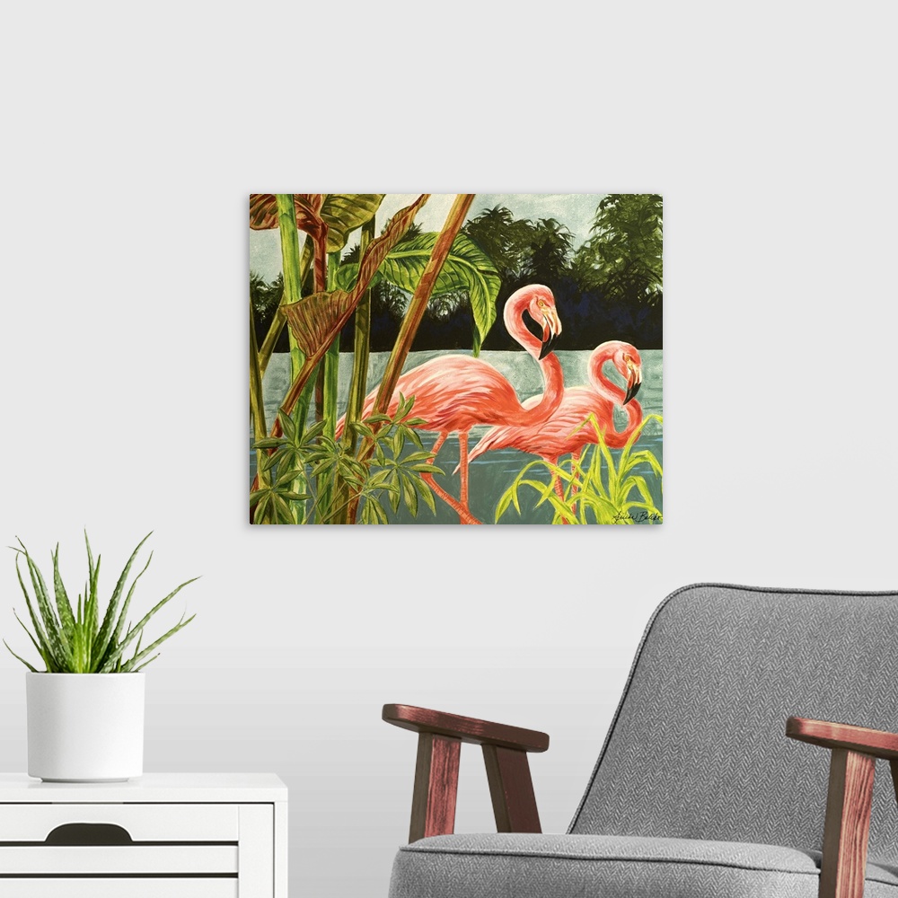 A modern room featuring Contemporary artwork of two flamingos among tropical plants.
