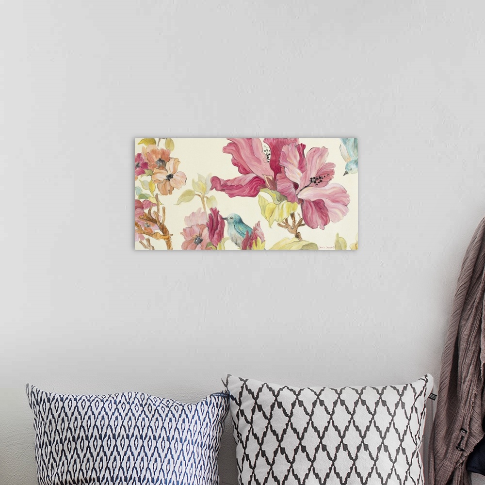 A bohemian room featuring Contemporary painting of beautiful blooming flowers in pink and orange with a small blue bird.