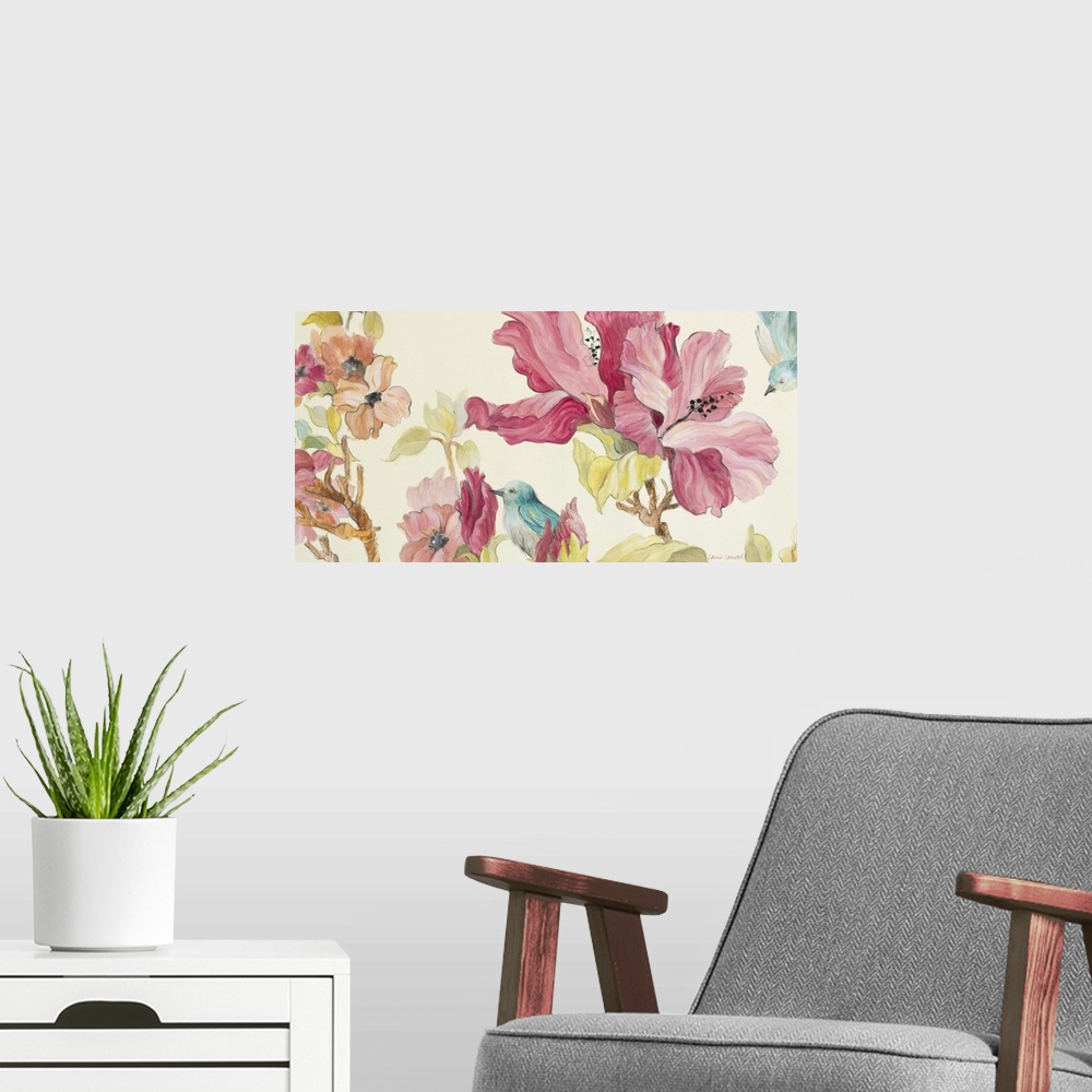 A modern room featuring Contemporary painting of beautiful blooming flowers in pink and orange with a small blue bird.