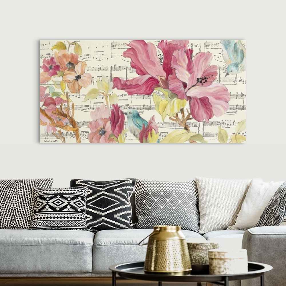 A bohemian room featuring Contemporary painting of beautiful blooming flowers in pink and orange with a small blue bird wit...