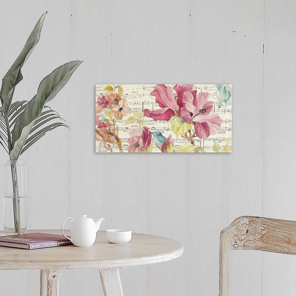 A farmhouse room featuring Contemporary painting of beautiful blooming flowers in pink and orange with a small blue bird wit...