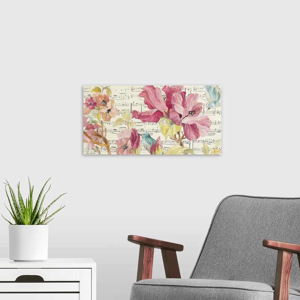 A modern room featuring Contemporary painting of beautiful blooming flowers in pink and orange with a small blue bird wit...