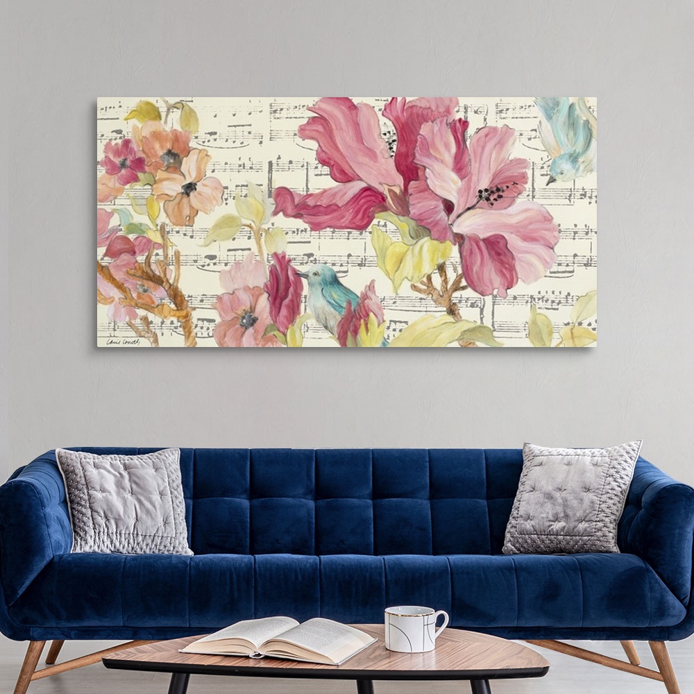 A modern room featuring Contemporary painting of beautiful blooming flowers in pink and orange with a small blue bird wit...