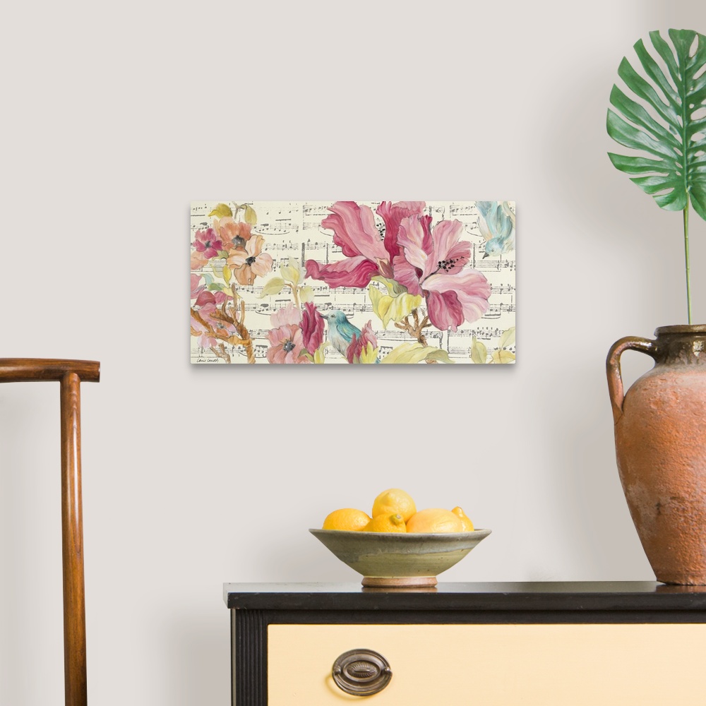 A traditional room featuring Contemporary painting of beautiful blooming flowers in pink and orange with a small blue bird wit...
