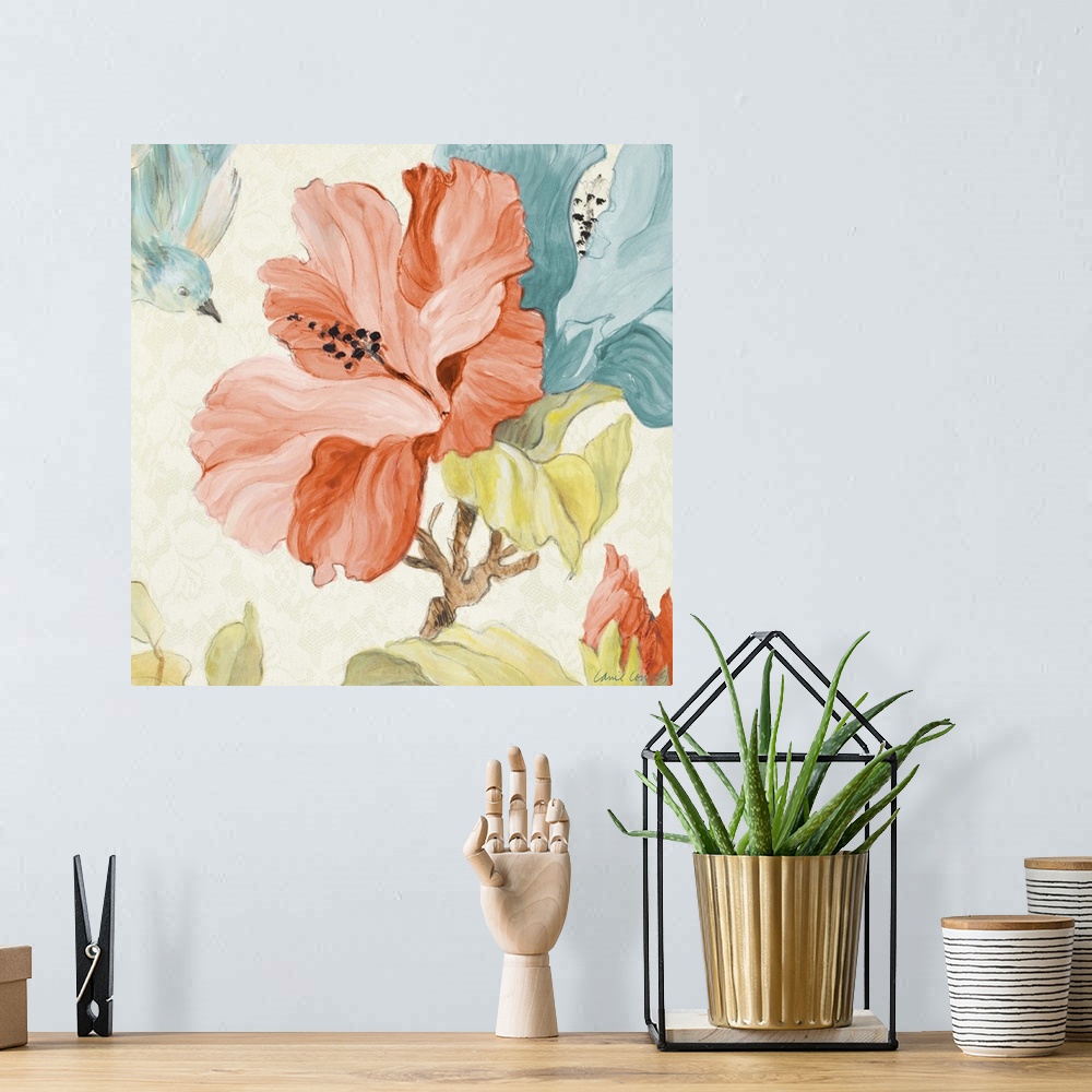 A bohemian room featuring Contemporary painting of beautiful blooming flowers in blue and orange with a small blue bird