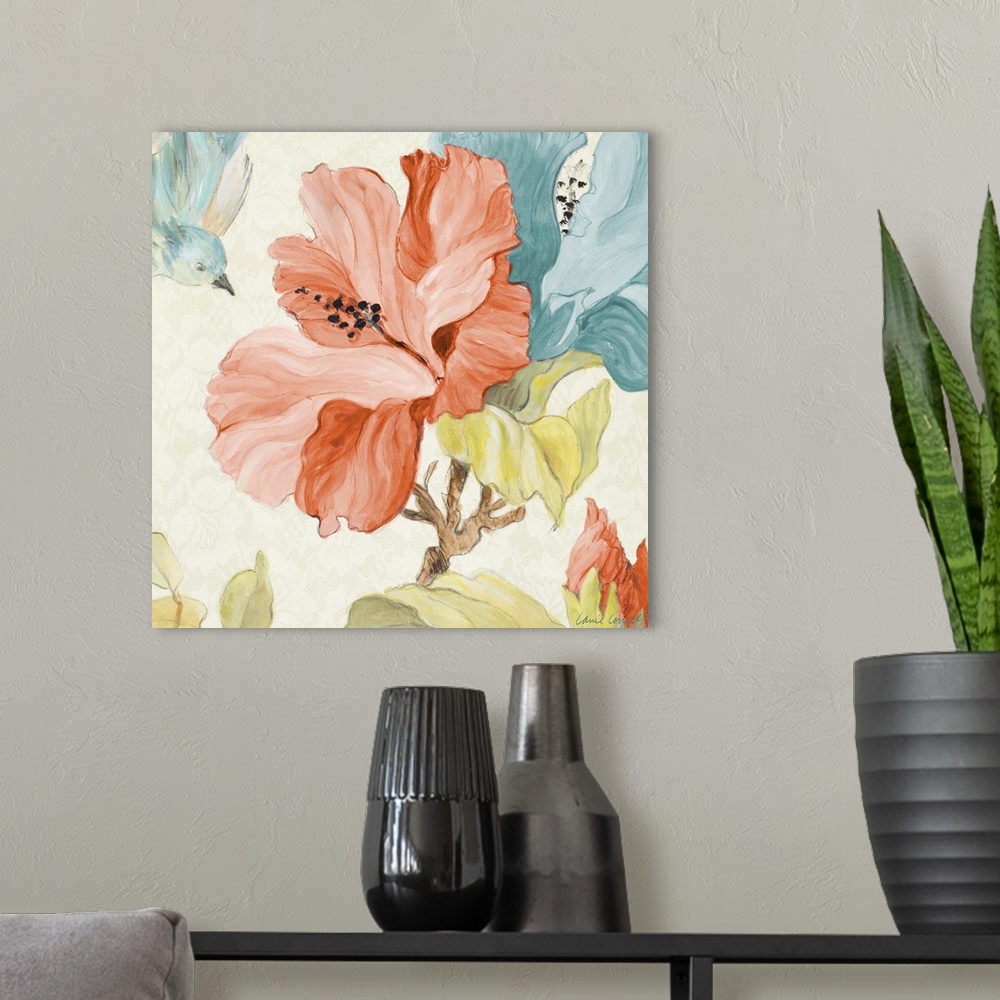 A modern room featuring Contemporary painting of beautiful blooming flowers in blue and orange with a small blue bird