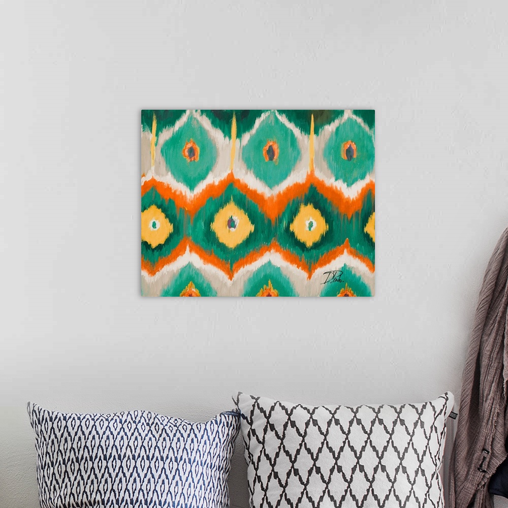 A bohemian room featuring Contemporary painting of an Ikat pattern in vibrant tones of green orange and red.