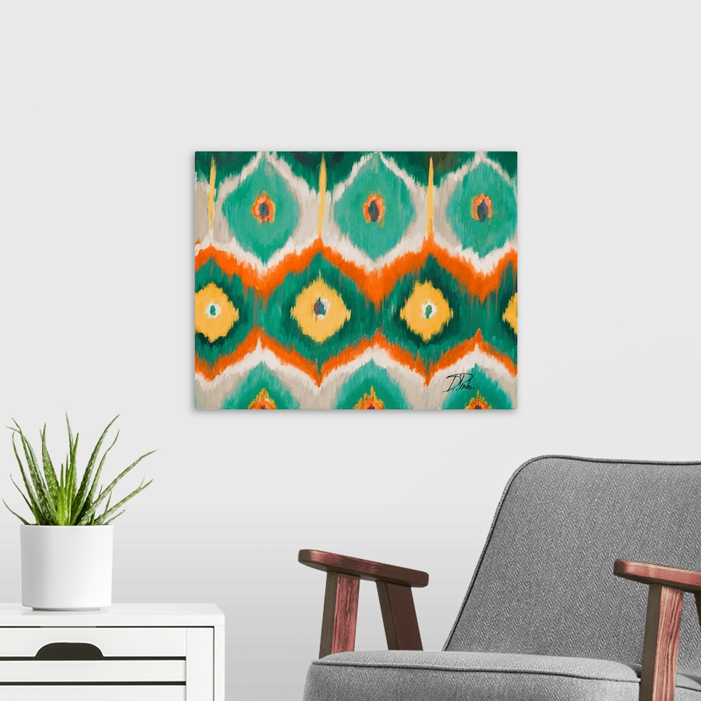 A modern room featuring Contemporary painting of an Ikat pattern in vibrant tones of green orange and red.