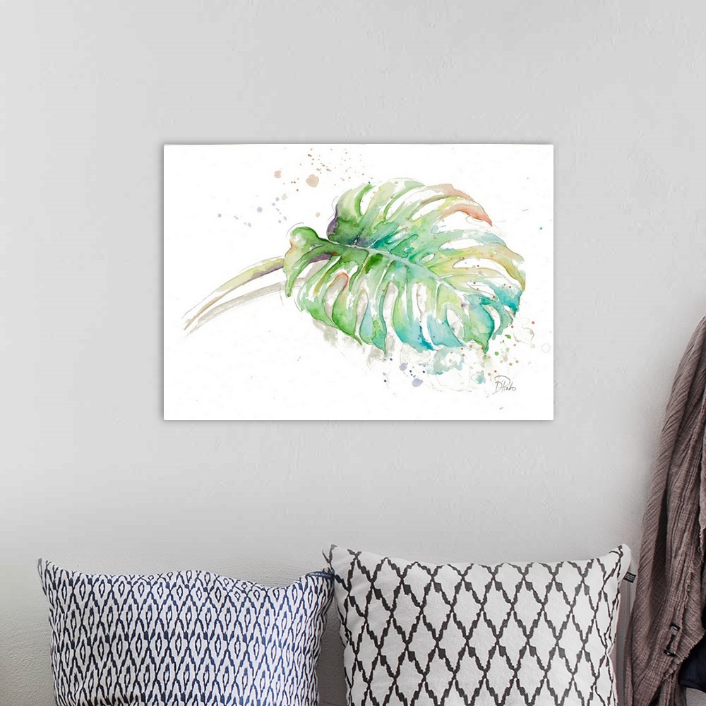A bohemian room featuring Contemporary artwork featuring a tropical watercolor leaf with paint splatters over a white backg...