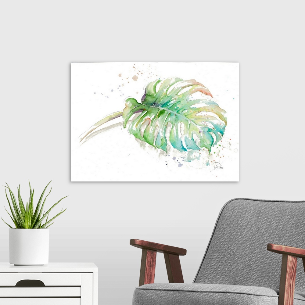 A modern room featuring Contemporary artwork featuring a tropical watercolor leaf with paint splatters over a white backg...