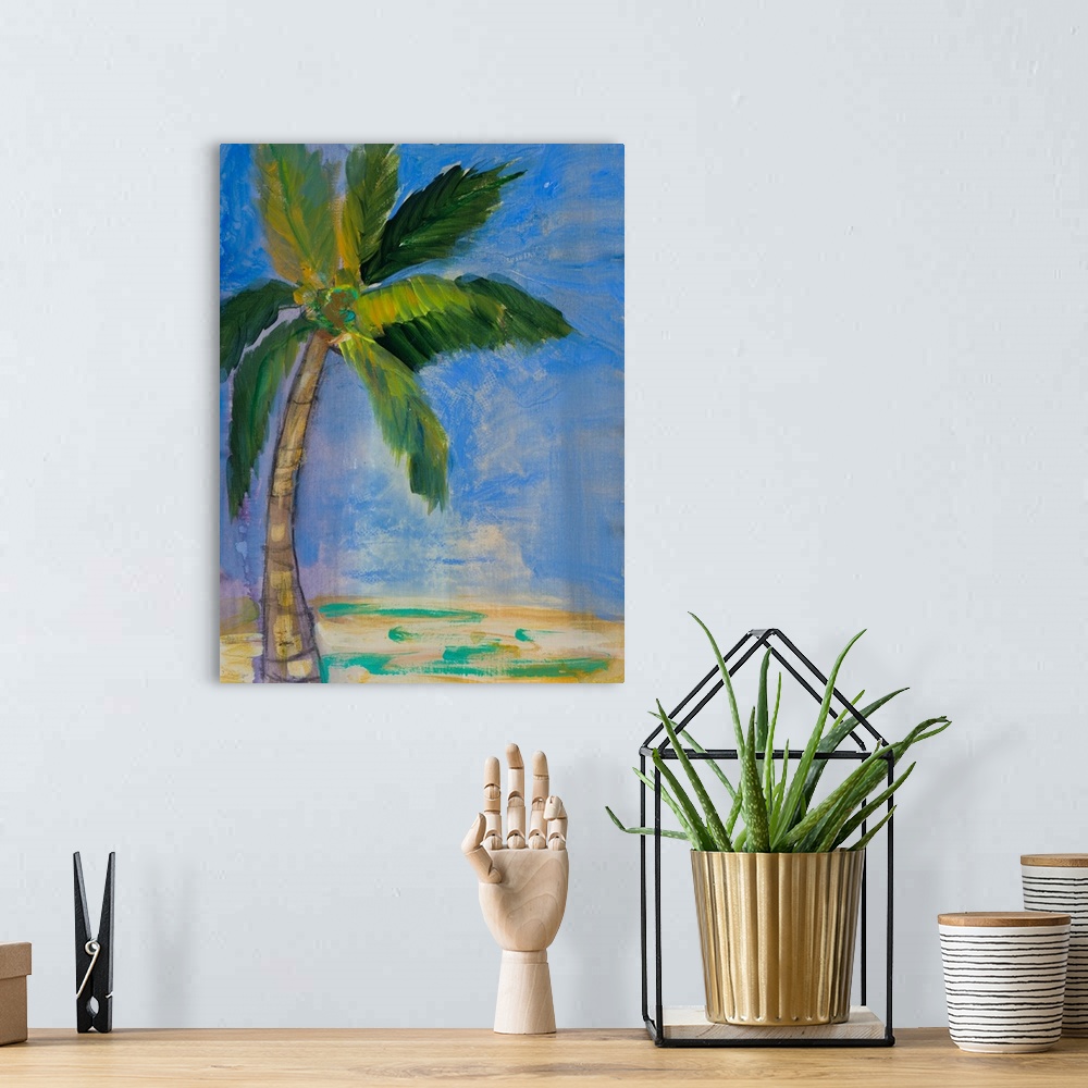 A bohemian room featuring Contemporary painting of a palm tree against a deep blue sky.