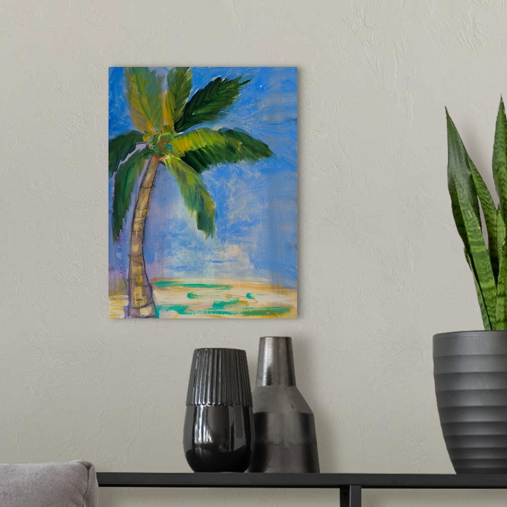 A modern room featuring Contemporary painting of a palm tree against a deep blue sky.