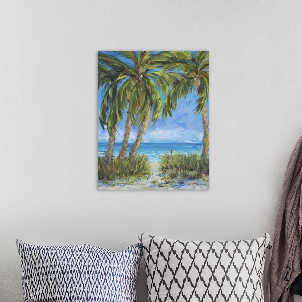 A bohemian room featuring Contemporary painting of a relaxing beach scene with several palm trees swaying in the wind and a...