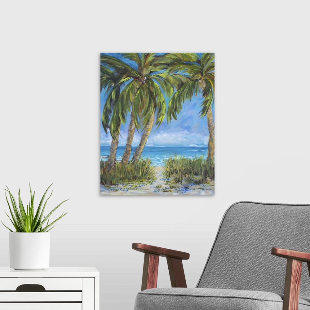 A modern room featuring Contemporary painting of a relaxing beach scene with several palm trees swaying in the wind and a...