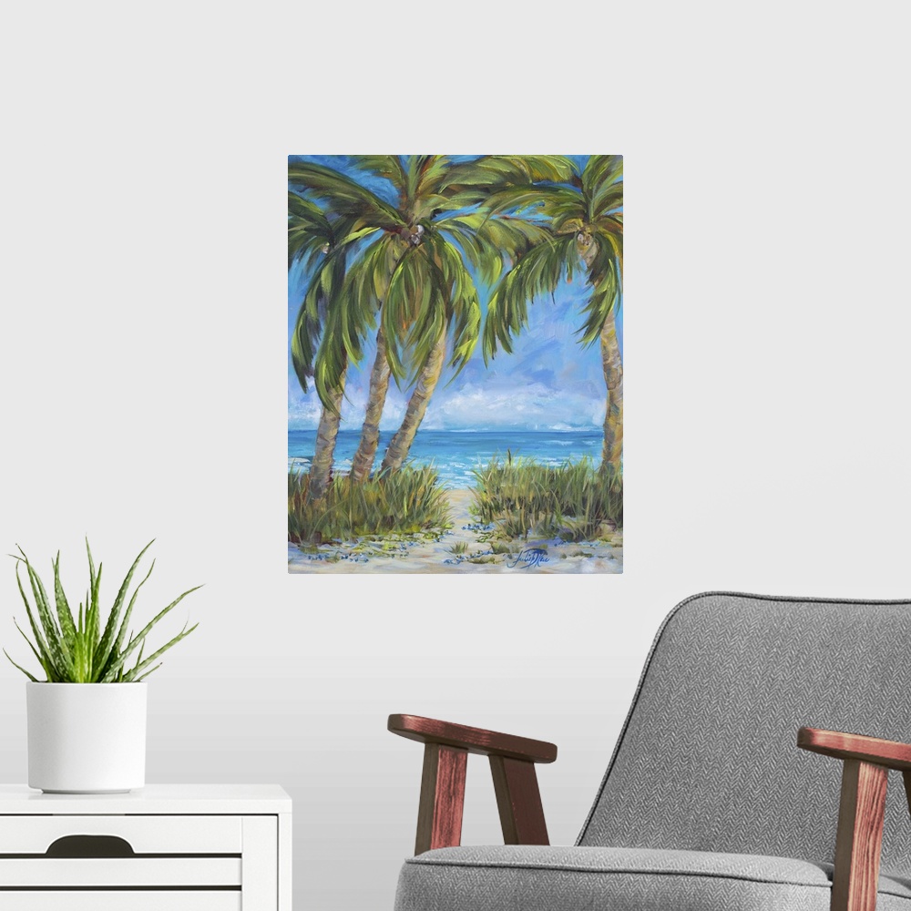 A modern room featuring Contemporary painting of a relaxing beach scene with several palm trees swaying in the wind and a...