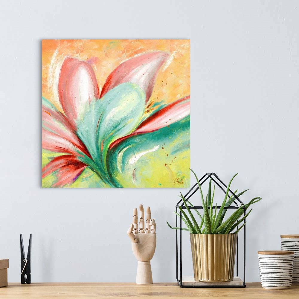 A bohemian room featuring Contemporary painting of a vibrant red flower against a bright green and orange background.