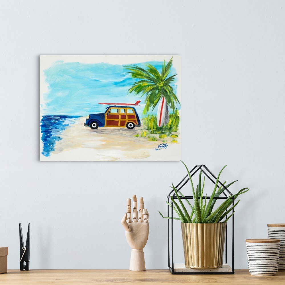 A bohemian room featuring Contemporary painting of a blue and wood styled wagon parked on the sandy beach with a red surfbo...