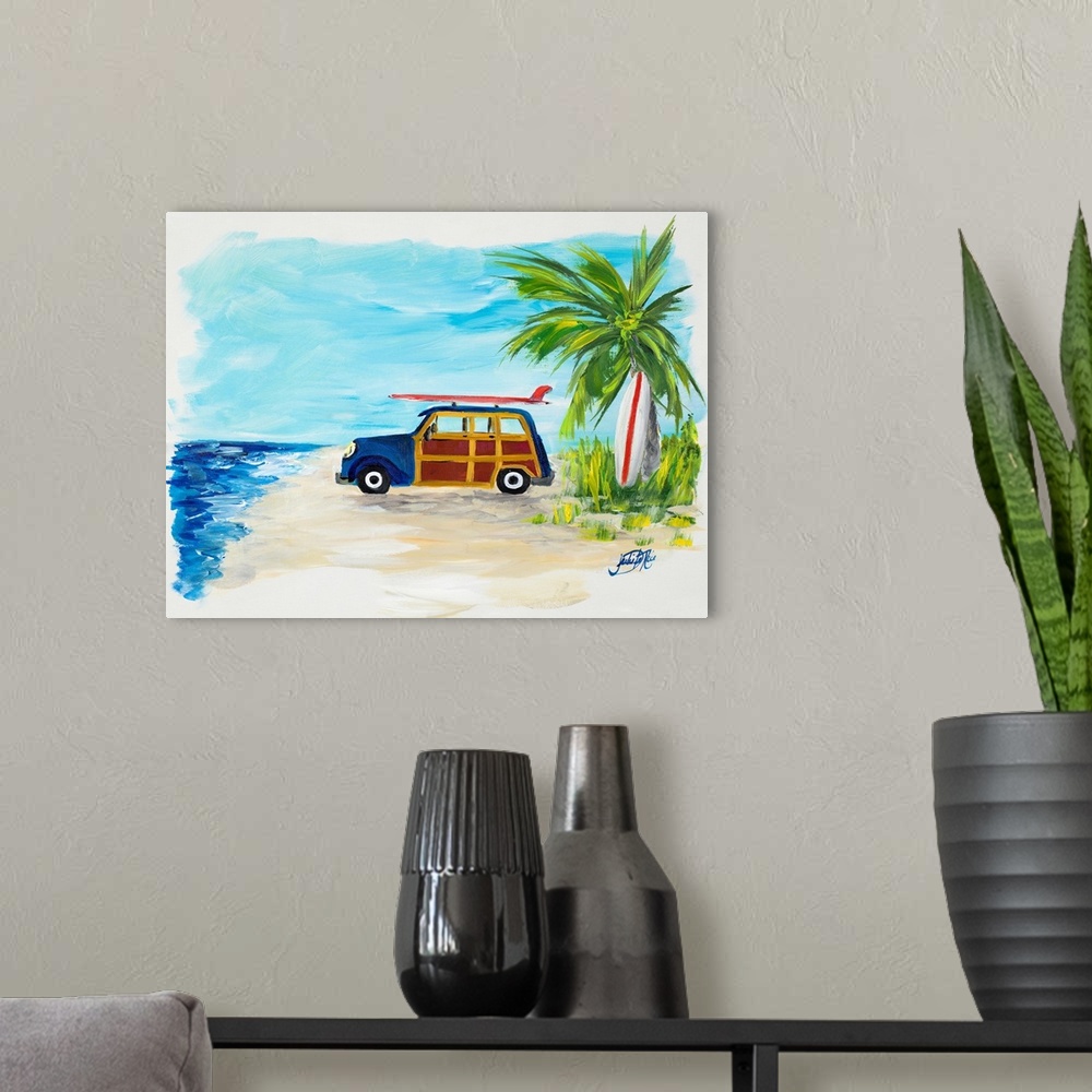 A modern room featuring Contemporary painting of a blue and wood styled wagon parked on the sandy beach with a red surfbo...