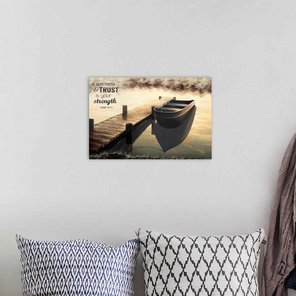 A bohemian room featuring Contemporary artwork of a small boat tied to a pier in a lake.