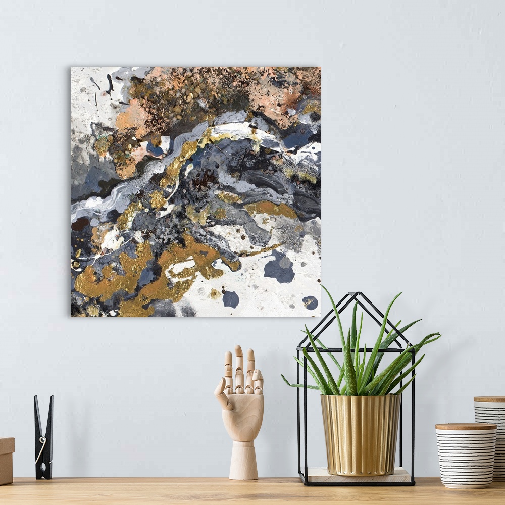A bohemian room featuring This contemporary artwork illustrates the feeling of agitation with mottled colors and gold foil ...
