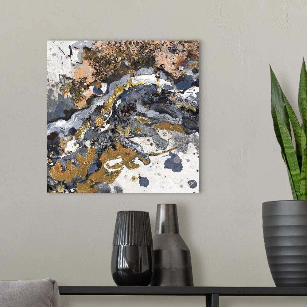 A modern room featuring This contemporary artwork illustrates the feeling of agitation with mottled colors and gold foil ...