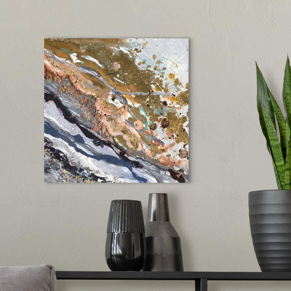A modern room featuring This contemporary artwork illustrates the feeling of agitation with mottled colors and gold foil ...
