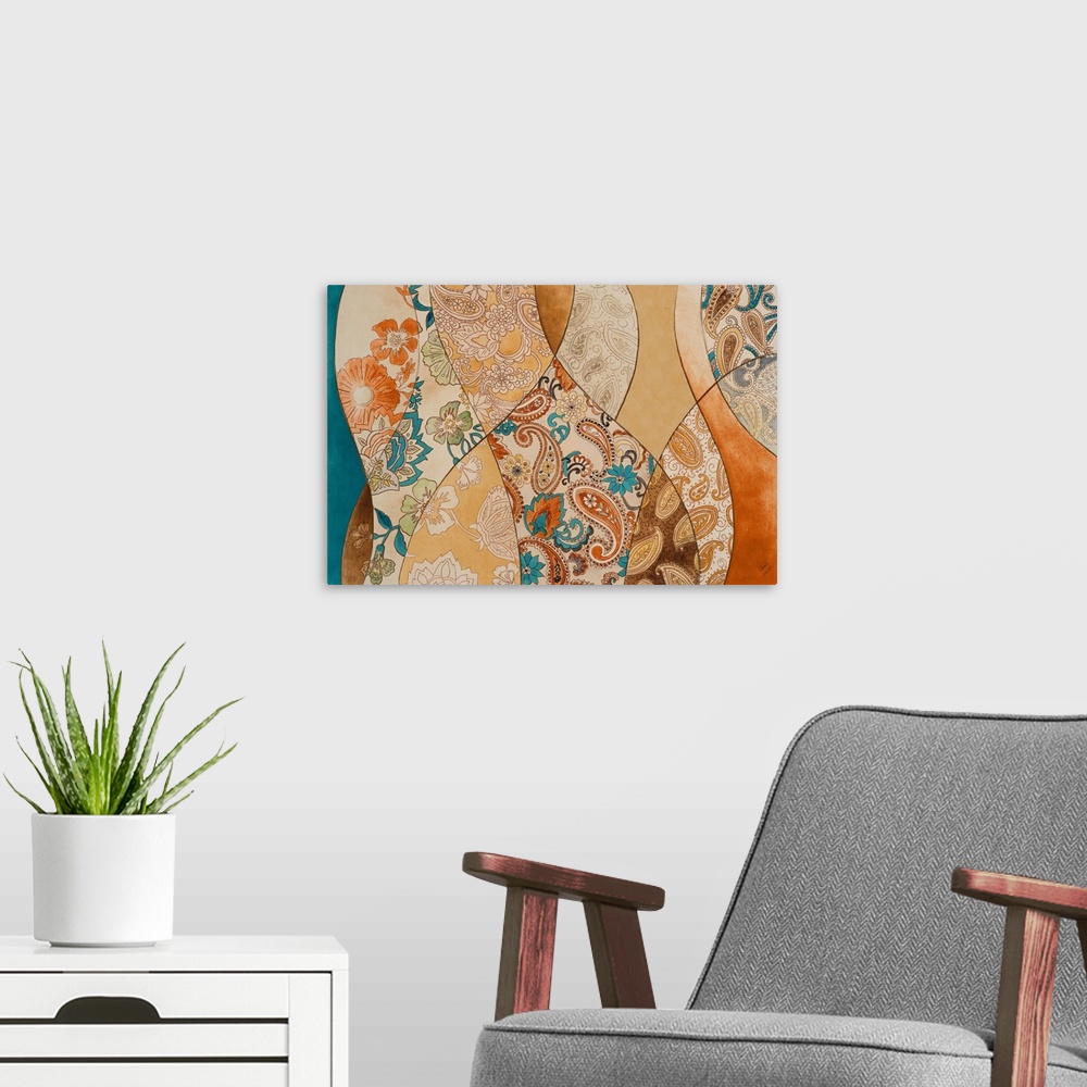 A modern room featuring Abstract artwork with blue and orange toned paisley patterns.