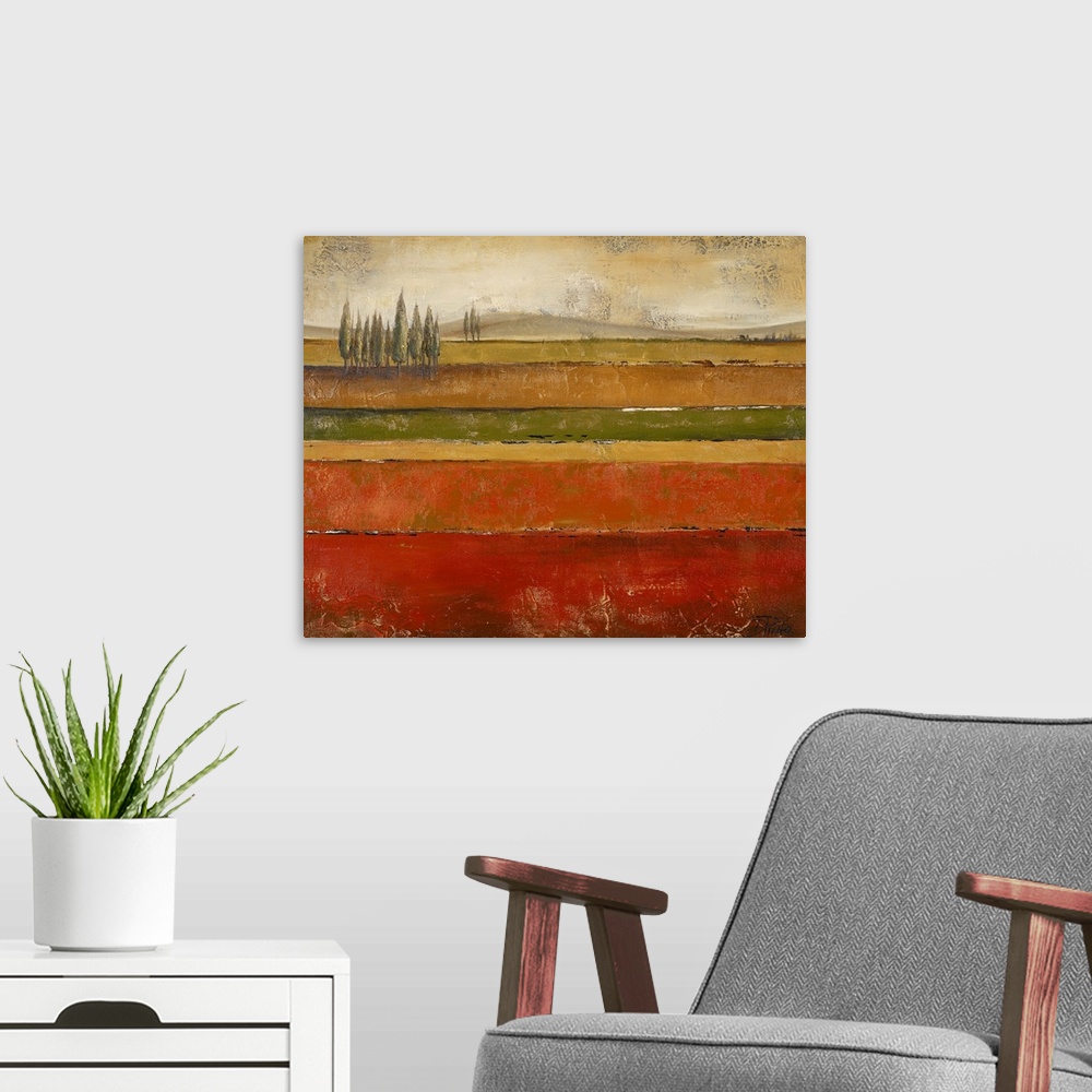 A modern room featuring Contemporary oil painting of hilly countryside with clusters of trees.  The layers of earth below...