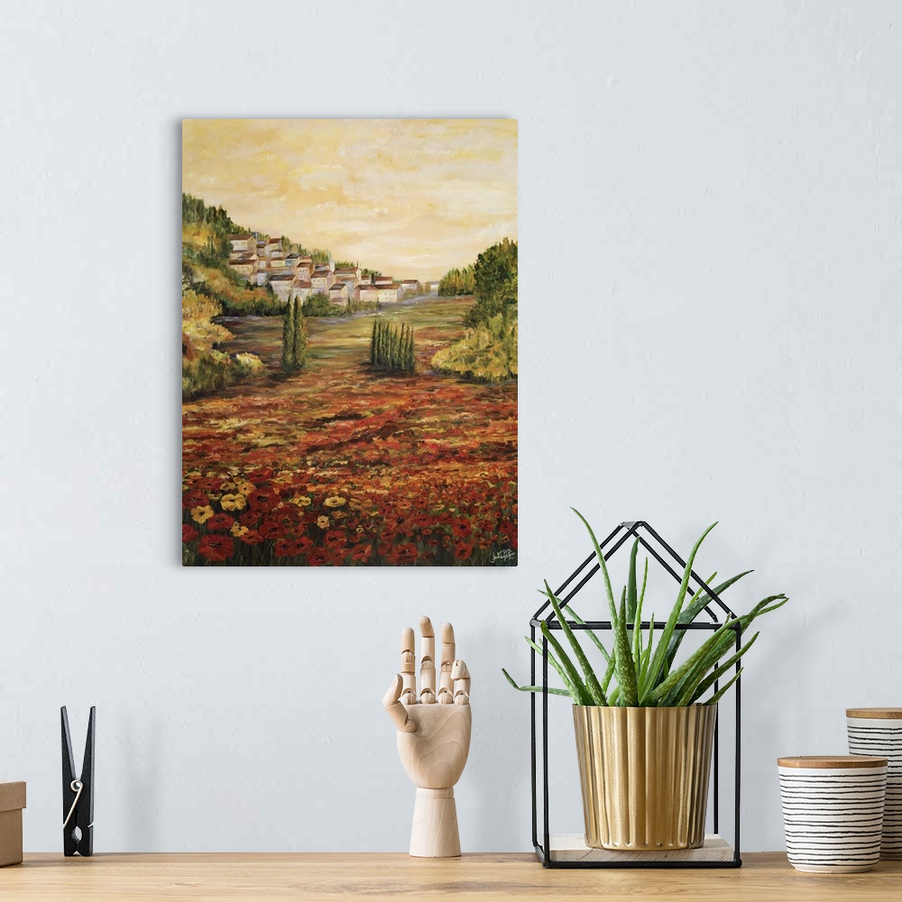 A bohemian room featuring Contemporary landscape art of the Tuscan valley in Italy.