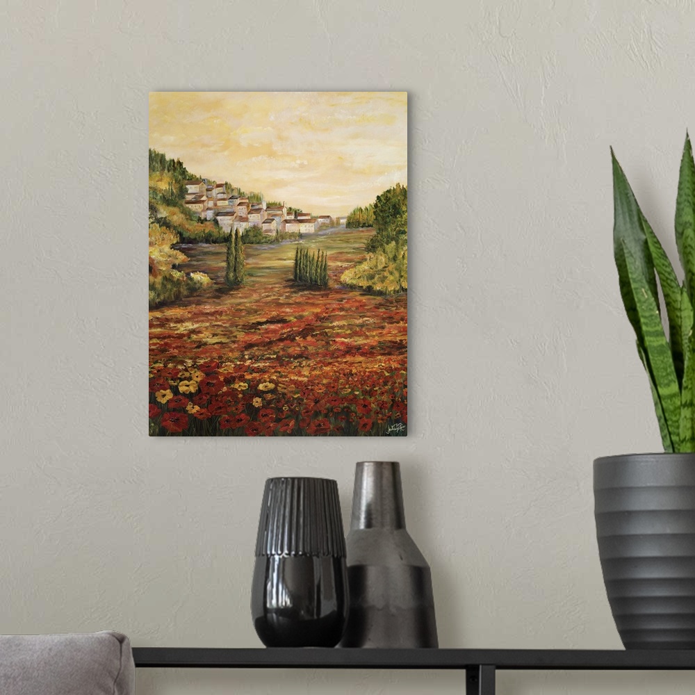 A modern room featuring Contemporary landscape art of the Tuscan valley in Italy.