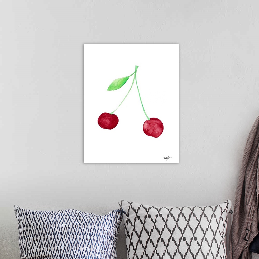 A bohemian room featuring Watercolor painting of two cherries on a white background.