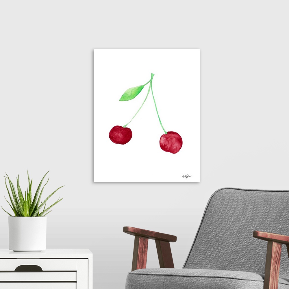 A modern room featuring Watercolor painting of two cherries on a white background.