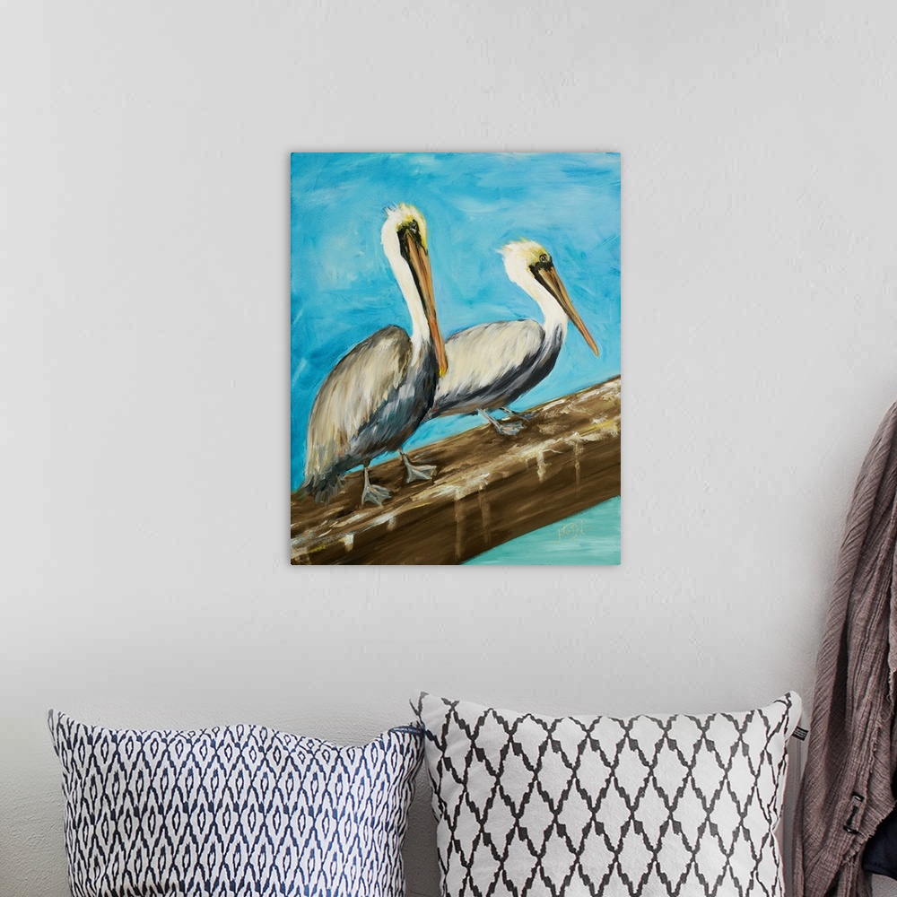 A bohemian room featuring A contemporary painting of two pelicans resting on a wooden log with a blue background.