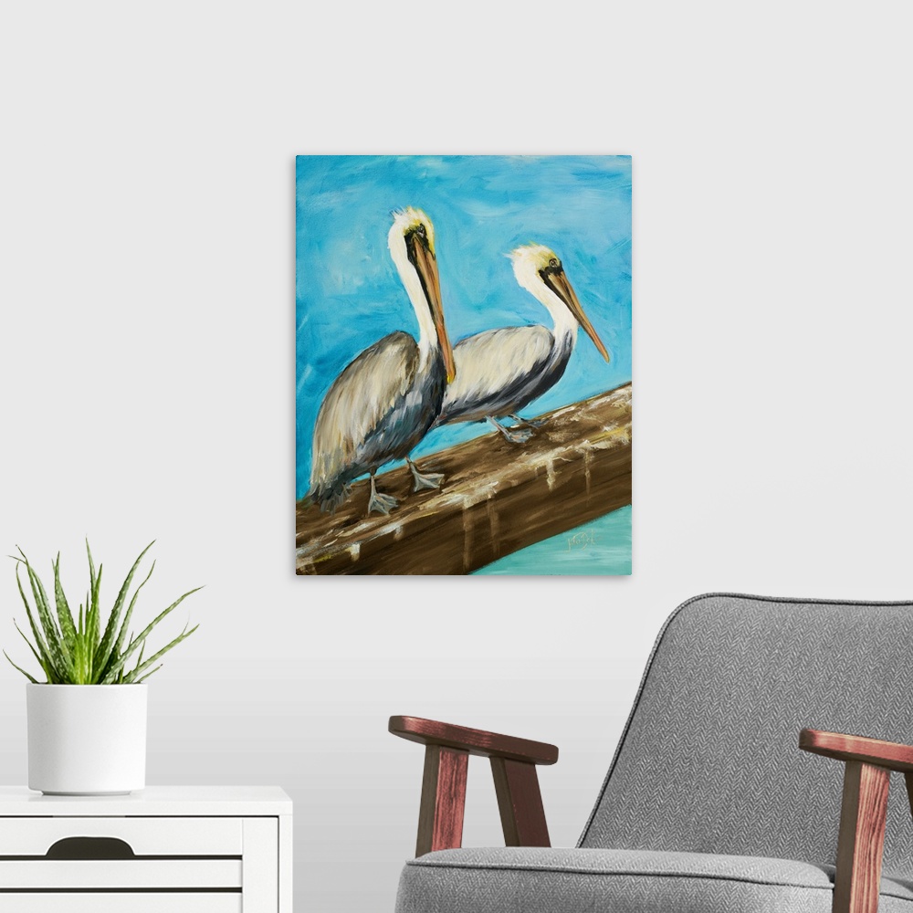 A modern room featuring A contemporary painting of two pelicans resting on a wooden log with a blue background.