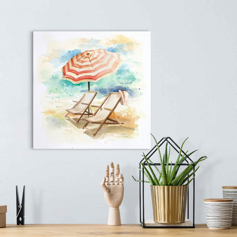 A bohemian room featuring Watercolor painting of two beach chairs and a striped umbrella in the sand.
