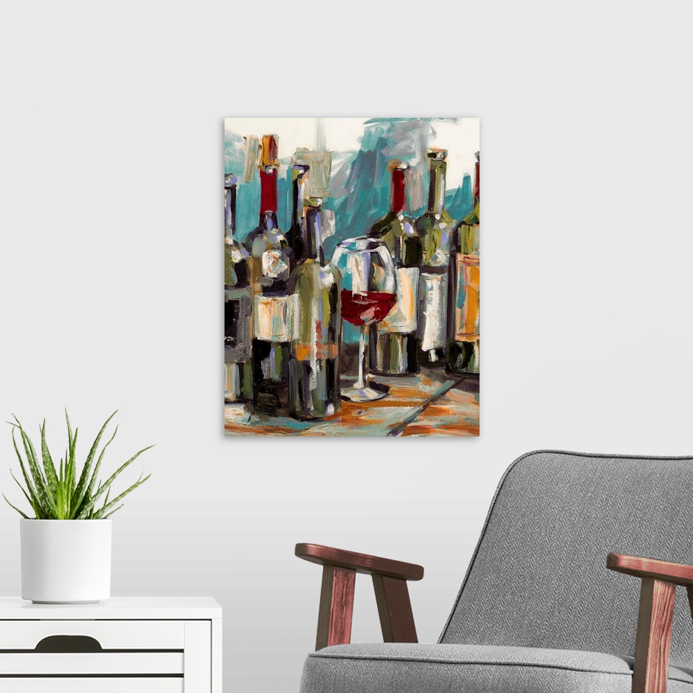 A modern room featuring Several wine bottles are harshly painted with a glass of red wine sitting amongst them.